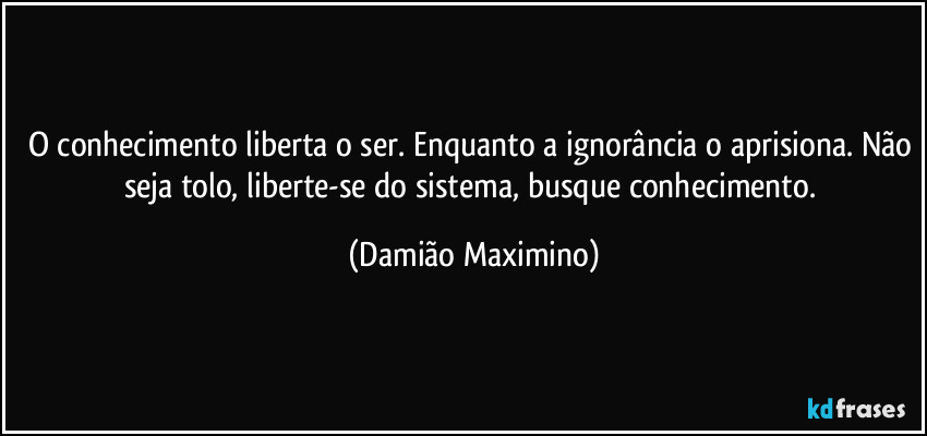 O conhecimento liberta o ser. Enquanto a ignorância o aprisiona. Não seja tolo, liberte-se do sistema, busque conhecimento. (Damião Maximino)