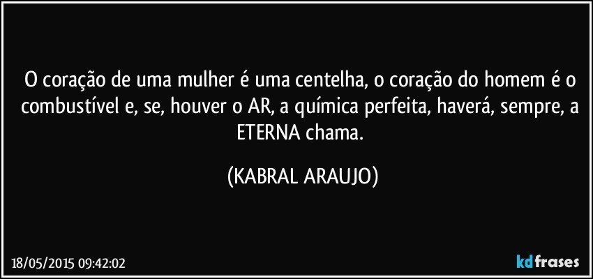 O coração de uma mulher é uma centelha, o coração do homem é o combustível e, se, houver o AR, a química perfeita, haverá, sempre, a ETERNA chama. (KABRAL ARAUJO)