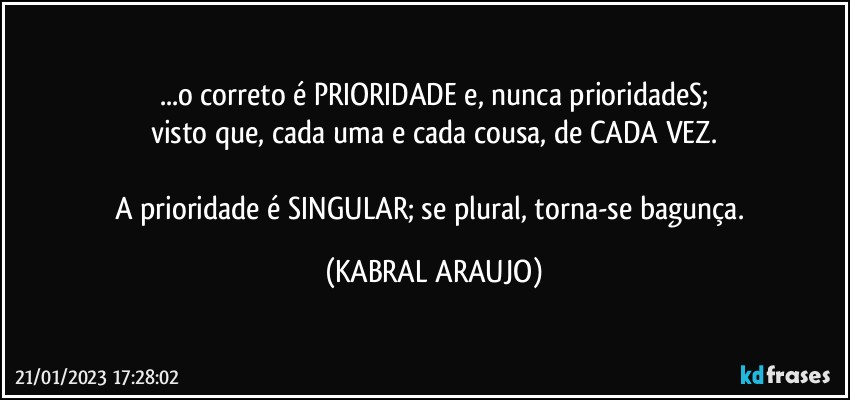 ...o correto é PRIORIDADE e, nunca prioridadeS;
visto que, cada uma e cada cousa, de CADA VEZ.

A prioridade é SINGULAR; se plural, torna-se bagunça. (KABRAL ARAUJO)