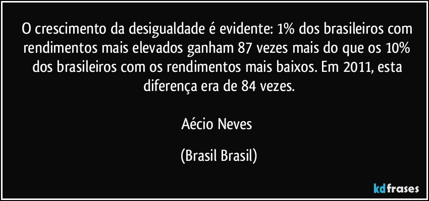 O crescimento da desigualdade é evidente: 1% dos brasileiros com rendimentos mais elevados ganham 87 vezes mais do que os 10% dos brasileiros com os rendimentos mais baixos. Em 2011, esta diferença era de 84 vezes.

Aécio Neves (Brasil Brasil)