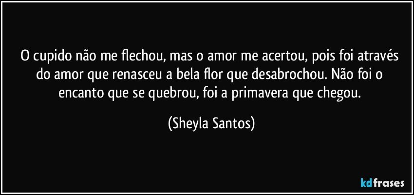 O cupido não me flechou, mas o amor me acertou, pois foi através do amor que renasceu a bela flor que desabrochou. Não foi o encanto que se quebrou, foi a primavera que chegou. (Sheyla Santos)