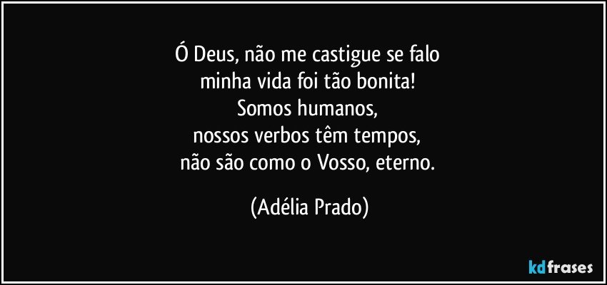 Ó Deus, não me castigue se falo 
minha vida foi tão bonita! 
Somos humanos, 
nossos verbos têm tempos, 
não são como o Vosso, eterno. (Adélia Prado)