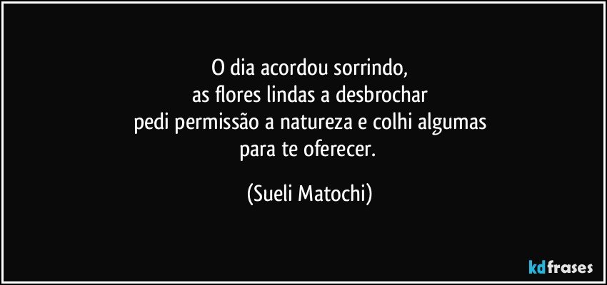 O dia acordou sorrindo,
as flores lindas a desbrochar
pedi permissão a natureza e colhi algumas
para te oferecer. (Sueli Matochi)