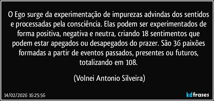 O Ego surge da experimentação de impurezas advindas dos sentidos e processadas pela consciência. Elas podem ser experimentados de forma positiva, negativa e neutra, criando 18 sentimentos que podem estar apegados ou desapegados do prazer. São 36 paixões formadas a partir de eventos passados, presentes ou futuros, totalizando em 108. (Volnei Antonio Silveira)