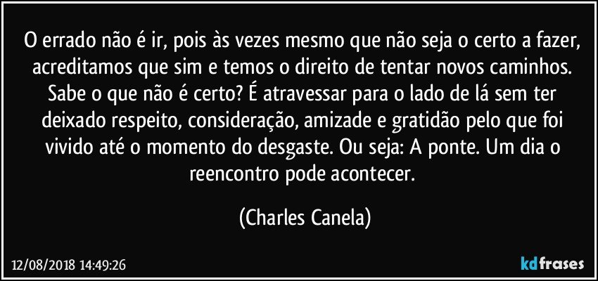 O errado não é ir, pois às vezes mesmo que não seja o certo a fazer, acreditamos que sim e temos o direito de tentar novos caminhos. Sabe o que não é certo? É atravessar para o lado de lá sem ter deixado respeito, consideração, amizade e gratidão pelo que foi vivido até o momento do desgaste. Ou seja: A ponte. Um dia o reencontro pode acontecer. (Charles Canela)