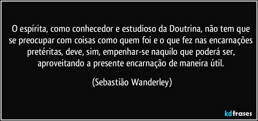 O espírita, como conhecedor e estudioso da Doutrina, não tem que se preocupar com coisas como quem foi e o que fez nas encarnações pretéritas, deve, sim, empenhar-se naquilo que poderá ser, aproveitando a presente encarnação de maneira útil. (Sebastião Wanderley)