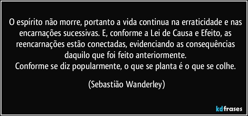 O espírito não morre, portanto a vida continua na erraticidade e nas encarnações sucessivas. E, conforme a Lei de Causa e Efeito, as reencarnações estão conectadas, evidenciando as consequências daquilo que foi feito anteriormente. 
Conforme se diz popularmente, o que se planta é o que se colhe. (Sebastião Wanderley)