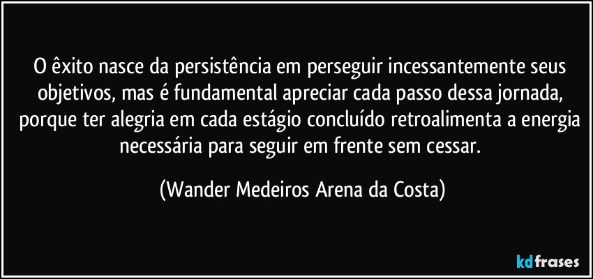 O êxito nasce da persistência em perseguir incessantemente seus objetivos, mas é fundamental apreciar cada passo dessa jornada, porque ter alegria em cada estágio concluído retroalimenta a energia necessária para seguir em frente sem cessar. (Wander Medeiros Arena da Costa)