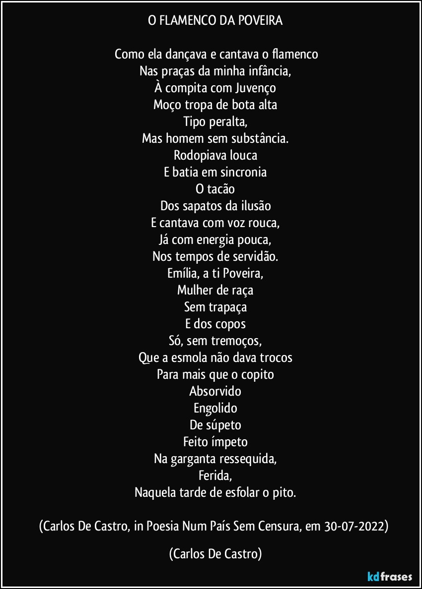 O FLAMENCO DA POVEIRA

⁠Como ela dançava e cantava o flamenco
Nas praças da minha infância,
À compita com Juvenço
Moço tropa de bota alta
Tipo peralta,
Mas homem sem substância.
Rodopiava louca
E batia em sincronia
O tacão
Dos sapatos da ilusão
E cantava com voz rouca,
Já com energia pouca,
Nos tempos de servidão.
Emília, a ti Poveira,
Mulher de raça
Sem trapaça
E dos copos
Só, sem tremoços,
Que a esmola não dava trocos
Para mais que o copito
Absorvido
Engolido
De súpeto
Feito ímpeto
Na garganta ressequida,
Ferida,
Naquela tarde de esfolar o pito.

(Carlos De Castro, in Poesia Num País Sem Censura, em 30-07-2022) (Carlos De Castro)