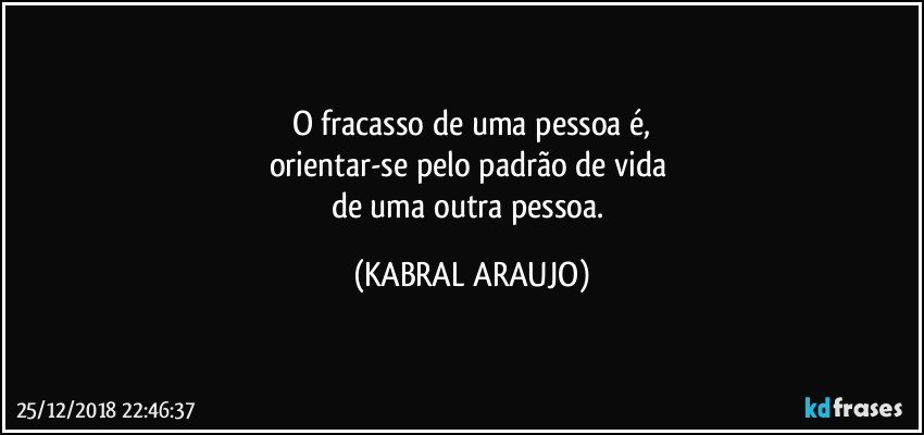 O fracasso de uma pessoa é,
orientar-se pelo padrão de vida 
de uma outra pessoa. (KABRAL ARAUJO)