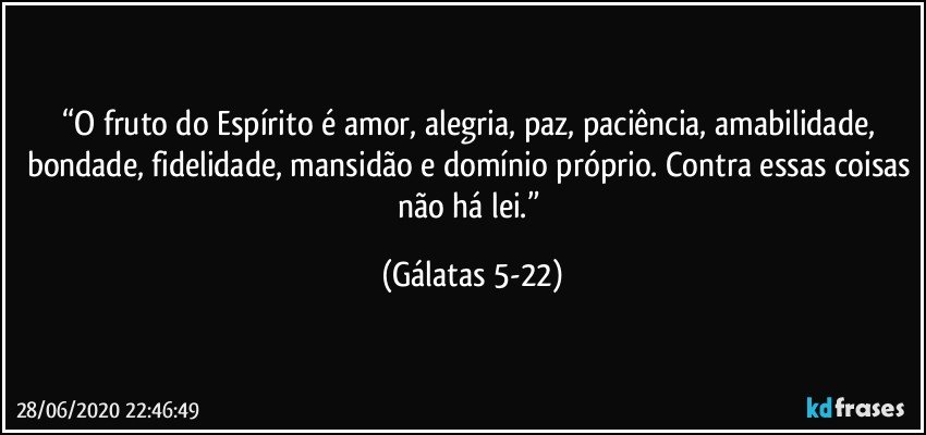 “O fruto do Espírito é amor, alegria, paz, paciência, amabilidade, bondade, fidelidade, mansidão e domínio próprio. Contra essas coisas não há lei.” (Gálatas 5-22)