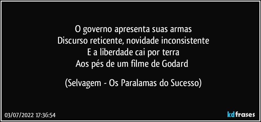 O governo apresenta suas armas
Discurso reticente, novidade inconsistente
E a liberdade cai por terra
Aos pés de um filme de Godard (Selvagem - Os Paralamas do Sucesso)