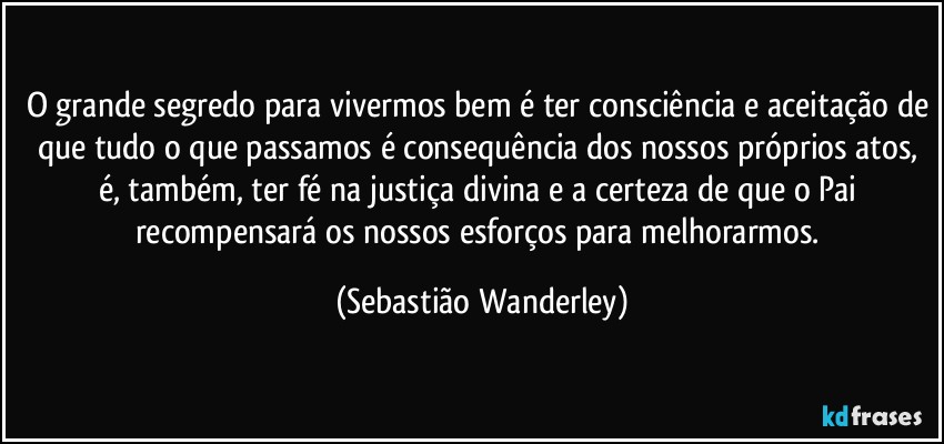 O grande segredo para vivermos bem é ter consciência e aceitação de que tudo o que passamos é consequência dos nossos próprios atos, é, também, ter fé na justiça divina e a certeza de que o Pai recompensará os nossos esforços para melhorarmos. (Sebastião Wanderley)
