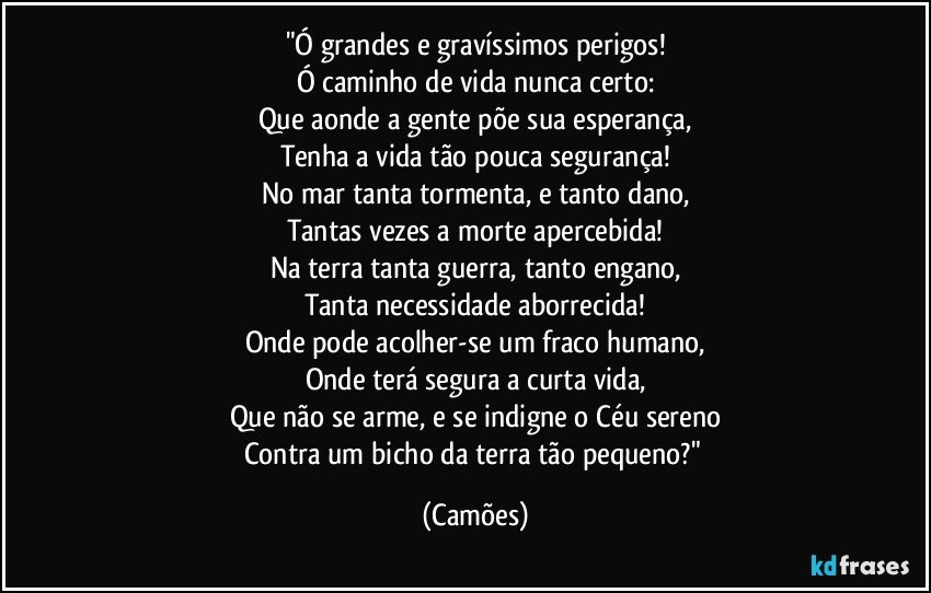 "Ó grandes e gravíssimos perigos!
Ó caminho de vida nunca certo:
Que aonde a gente põe sua esperança,
Tenha a vida tão pouca segurança!
No mar tanta tormenta, e tanto dano,
Tantas vezes a morte apercebida!
Na terra tanta guerra, tanto engano,
Tanta necessidade aborrecida!
Onde pode acolher-se um fraco humano,
Onde terá segura a curta vida,
Que não se arme, e se indigne o Céu sereno
Contra um bicho da terra tão pequeno?" (Camões)