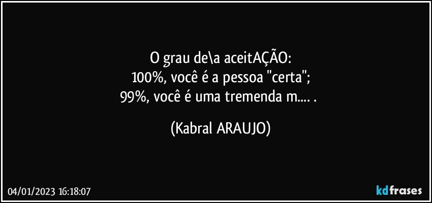 O grau de\a aceitAÇÃO:
100%, você é a pessoa "certa";
99%, você é uma tremenda m... . (KABRAL ARAUJO)