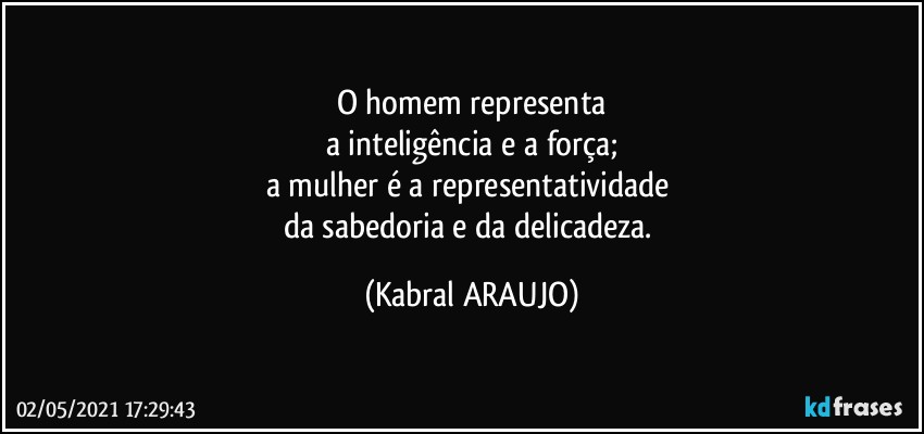 O homem representa
a inteligência e a força;
a mulher é a representatividade 
da sabedoria e da delicadeza. (KABRAL ARAUJO)