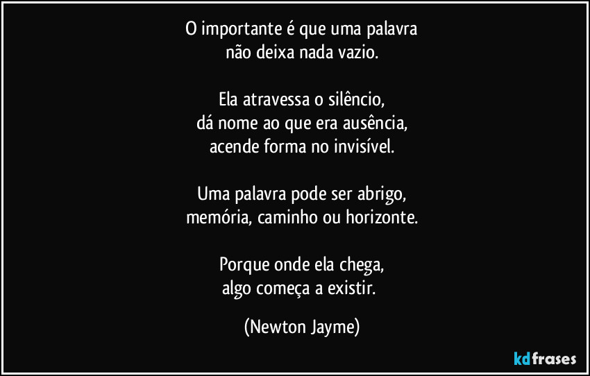 O importante é que uma palavra
não deixa nada vazio.

Ela atravessa o silêncio,
dá nome ao que era ausência,
acende forma no invisível.

Uma palavra pode ser abrigo,
memória, caminho ou horizonte.

Porque onde ela chega,
algo começa a existir. (Newton Jayme)