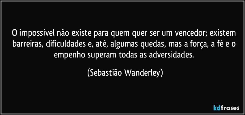 O impossível não existe para quem quer ser um vencedor; existem barreiras, dificuldades e, até, algumas quedas, mas a força, a fé e o empenho superam todas as adversidades. (Sebastião Wanderley)