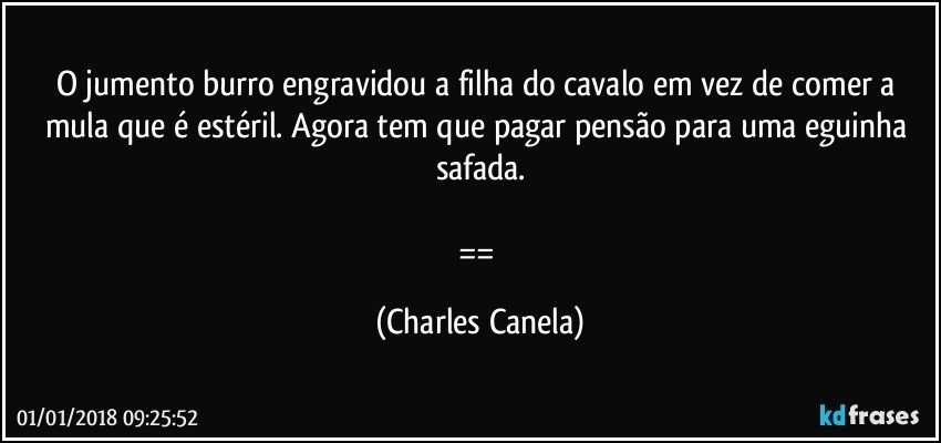 O jumento burro engravidou a filha do cavalo em vez de comer a mula que é estéril. Agora tem que pagar pensão para uma eguinha safada.

== (Charles Canela)