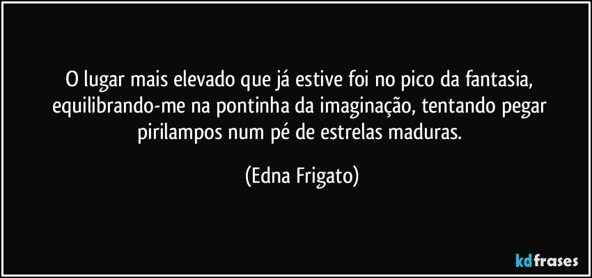 O lugar mais elevado que já estive foi no pico da fantasia, equilibrando-me na pontinha da imaginação, tentando pegar pirilampos num pé de estrelas maduras. (Edna Frigato)