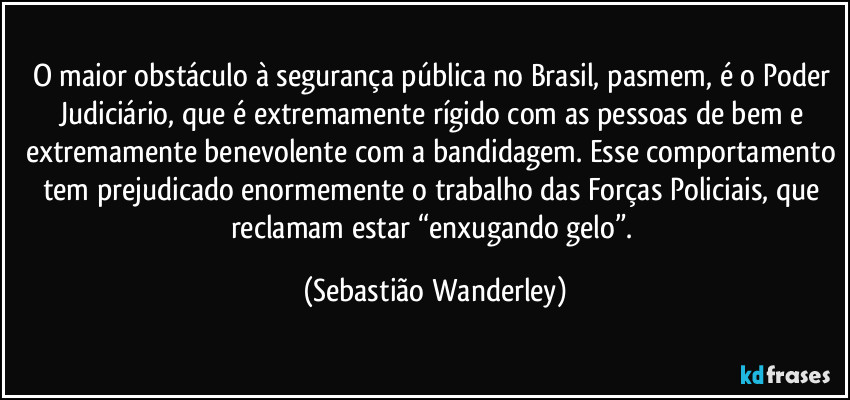 O maior obstáculo à segurança pública no Brasil, pasmem, é o Poder Judiciário, que é extremamente rígido com as pessoas de bem e extremamente benevolente com a bandidagem. Esse comportamento tem prejudicado enormemente o trabalho das Forças Policiais, que reclamam estar “enxugando gelo”. (Sebastião Wanderley)