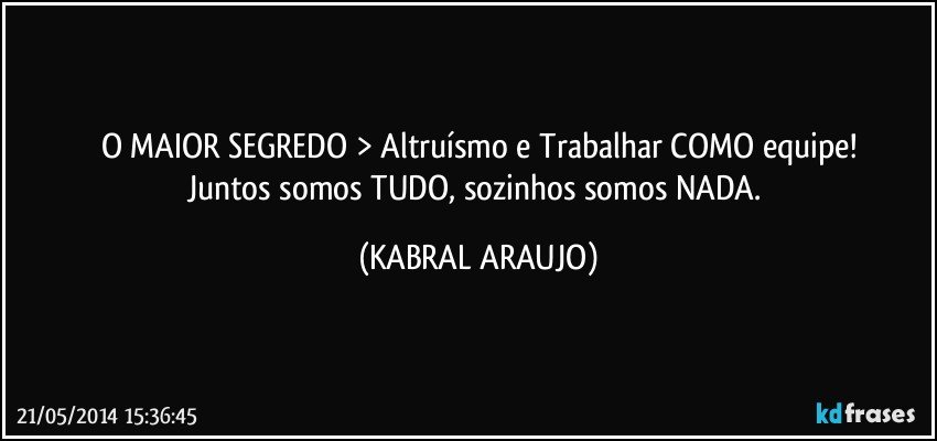 O MAIOR SEGREDO > Altruísmo e Trabalhar COMO equipe!
Juntos somos TUDO, sozinhos somos NADA. (KABRAL ARAUJO)