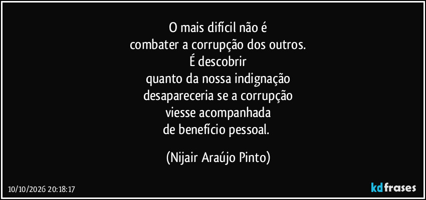 O mais difícil não é
combater a corrupção dos outros.
É descobrir
quanto da nossa indignação
desapareceria se a corrupção
viesse acompanhada
de benefício pessoal. (Nijair Araújo Pinto)