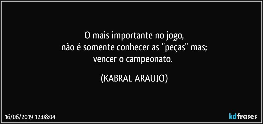 O mais importante no jogo,
não é somente conhecer as "peças" mas;
vencer o campeonato. (KABRAL ARAUJO)