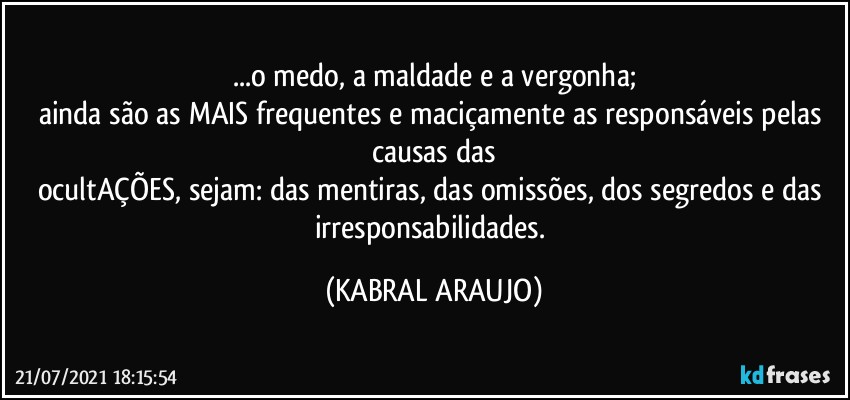 ...o medo, a maldade e a vergonha;
ainda são as MAIS frequentes e maciçamente as responsáveis pelas causas das
ocultAÇÕES, sejam: das mentiras, das omissões, dos segredos e das irresponsabilidades. (KABRAL ARAUJO)