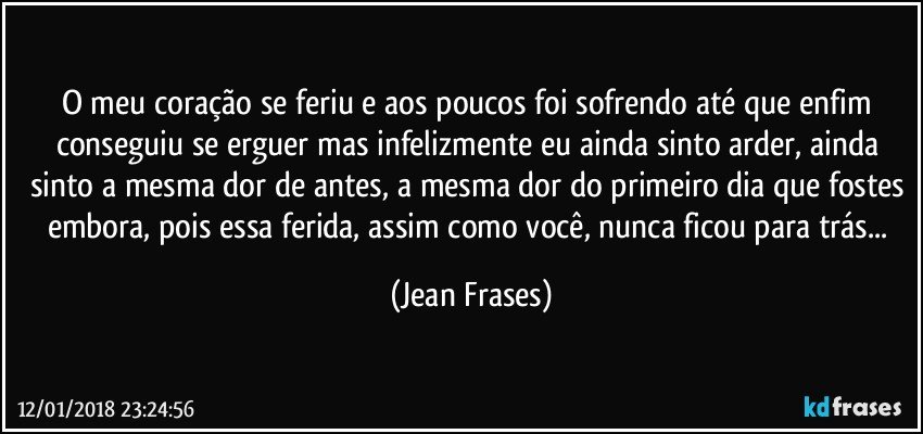 O meu coração se feriu e aos poucos foi sofrendo até que enfim conseguiu se erguer mas infelizmente eu ainda sinto arder, ainda sinto a mesma dor de antes, a mesma dor do primeiro dia que fostes embora, pois essa ferida, assim como você, nunca ficou para trás... (Jean Frases)