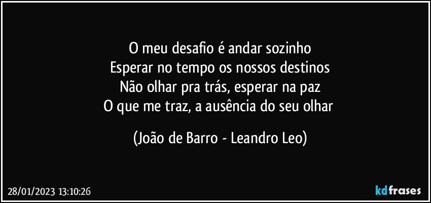 O meu desafio é andar sozinho
Esperar no tempo os nossos destinos
Não olhar pra trás, esperar na paz
O que me traz, a ausência do seu olhar (João de Barro - Leandro Leo)