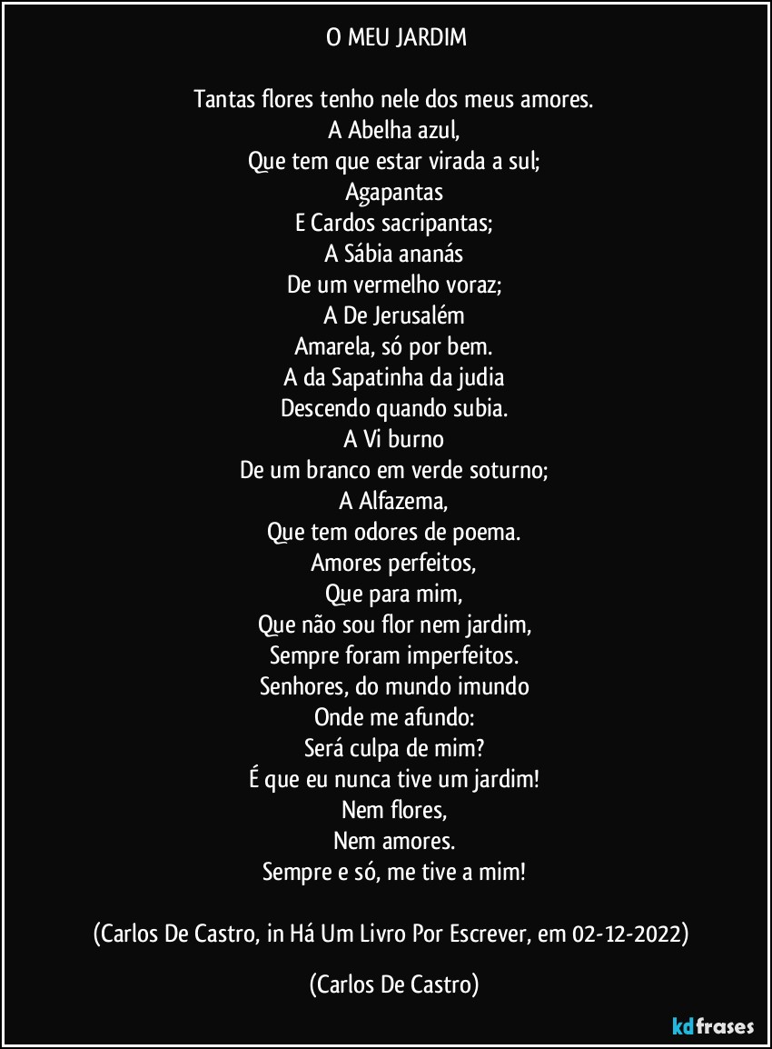 ⁠O MEU JARDIM

Tantas flores tenho nele dos meus amores.
A Abelha azul,
Que tem que estar virada a sul;
Agapantas
E Cardos sacripantas;
A Sábia ananás
De um vermelho voraz;
A De Jerusalém
Amarela, só por bem.
A da Sapatinha da judia
Descendo quando subia.
A Vi burno
De um branco em verde soturno;
A Alfazema,
Que tem odores de poema.
Amores perfeitos,
Que para mim,
Que não sou flor nem jardim,
Sempre foram imperfeitos.
Senhores, do mundo imundo
Onde me afundo:
Será culpa de mim?
É que eu nunca tive um jardim!
Nem flores,
Nem amores.
Sempre e só, me tive a mim!

(Carlos De Castro, in Há Um Livro Por Escrever, em 02-12-2022) (Carlos De Castro)