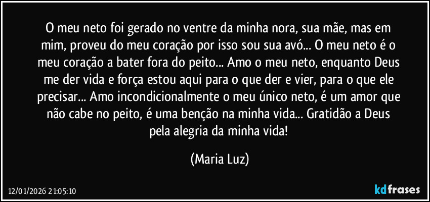 O meu neto foi gerado no ventre da minha nora, sua mãe, mas em mim, proveu do meu coração por isso sou sua avó... O meu neto é o meu coração a bater fora do peito... Amo o meu neto, enquanto Deus me der vida e força estou aqui para o que der e vier, para o que ele precisar... Amo incondicionalmente o meu único neto, é um amor que não cabe no peito, é uma benção na minha vida... Gratidão a Deus pela alegria da minha vida! (Maria Luz)