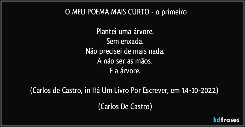 ⁠O MEU POEMA MAIS CURTO - o primeiro

Plantei uma árvore.
Sem enxada.
Não precisei de mais nada.
A não ser as mãos.
E a árvore.

(Carlos de Castro, in Há Um Livro Por Escrever, em 14-10-2022) (Carlos De Castro)