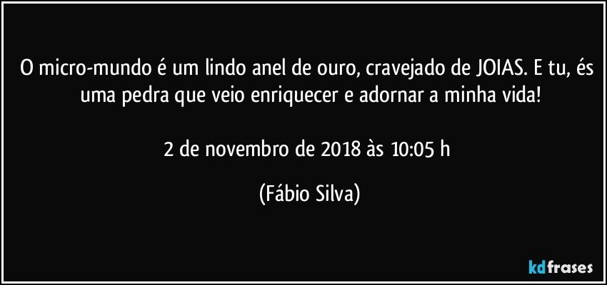 O micro-mundo é um lindo anel de ouro, cravejado de JOIAS. E tu, és uma pedra que veio enriquecer e adornar a minha vida!

2 de novembro de 2018 às 10:05  h (Fábio Silva)