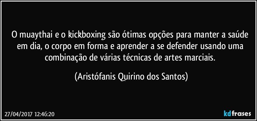 O muaythai e o kickboxing são ótimas opções para manter a saúde em dia, o corpo em forma e aprender a se defender usando uma combinação de várias técnicas de artes marciais. (Aristófanis Quirino dos Santos)