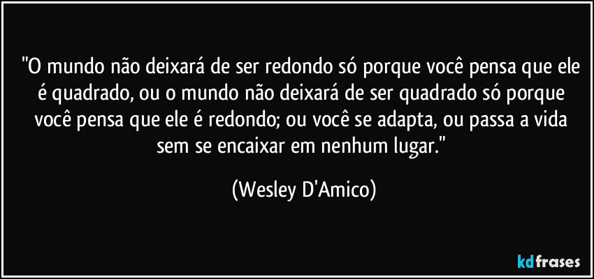 "O mundo não deixará de ser redondo só porque você pensa que ele é quadrado, ou o mundo não deixará de ser quadrado só porque você pensa que ele é redondo; ou você se adapta, ou passa a vida sem se encaixar em nenhum lugar." (Wesley D'Amico)