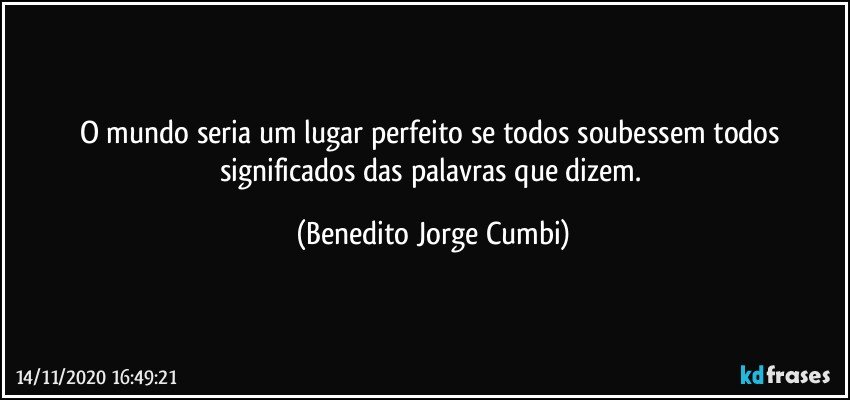 O mundo seria um lugar perfeito se todos soubessem todos significados das palavras que dizem. (Benedito Jorge Cumbi)