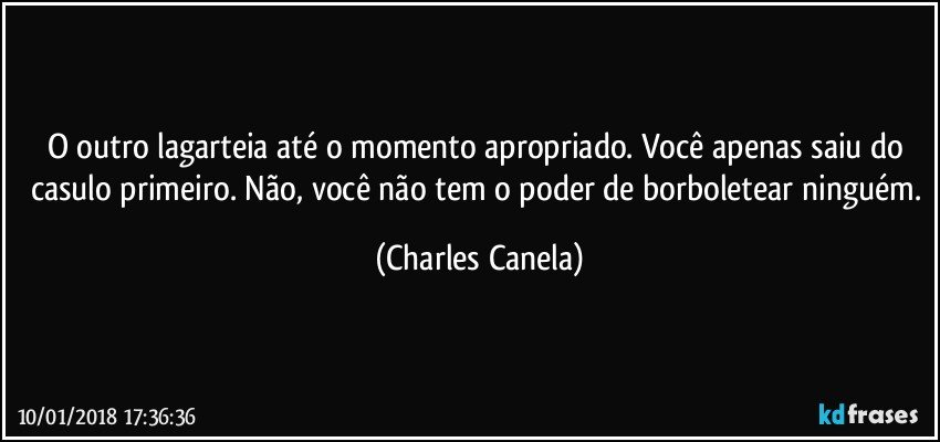 O outro lagarteia até o momento apropriado. Você apenas saiu do casulo primeiro. Não, você não tem o poder de borboletear ninguém. (Charles Canela)