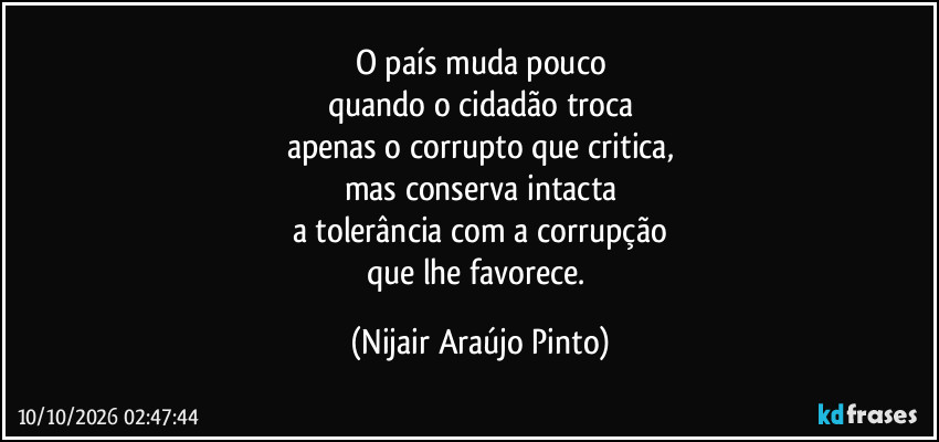 O país muda pouco
quando o cidadão troca
apenas o corrupto que critica,
mas conserva intacta
a tolerância com a corrupção
que lhe favorece. (Nijair Araújo Pinto)