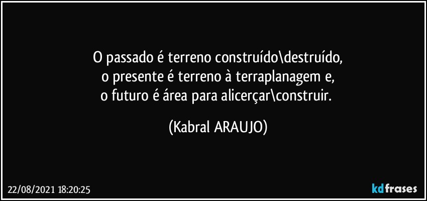 O passado é terreno construído\destruído,
o presente é terreno à terraplanagem e,
o futuro é área para alicerçar\construir. (KABRAL ARAUJO)