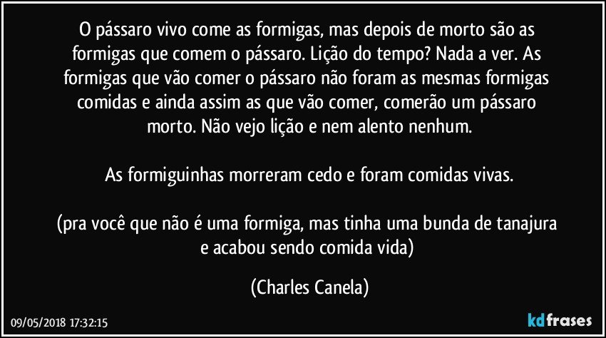 O pássaro vivo come as formigas, mas depois de morto são as formigas que comem o pássaro. Lição do tempo? Nada a ver. As formigas que vão comer o pássaro não foram as mesmas formigas comidas e ainda assim as que vão comer, comerão um pássaro morto. Não vejo lição e nem alento nenhum.

As formiguinhas morreram cedo e foram comidas vivas.

(pra você que não é uma formiga, mas tinha uma bunda de tanajura e acabou sendo comida vida) (Charles Canela)