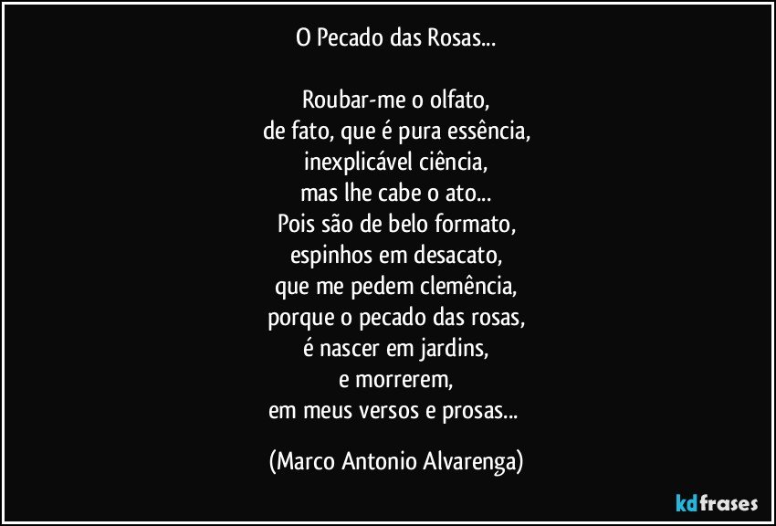 O Pecado das Rosas...

Roubar-me o olfato,
de fato, que é pura essência,
inexplicável ciência,
mas lhe cabe o ato...
Pois são de belo formato,
espinhos em desacato,
que me pedem clemência,
porque o pecado das rosas,
é nascer em jardins,
e morrerem,
em meus versos e prosas... (Marco Antonio Alvarenga)