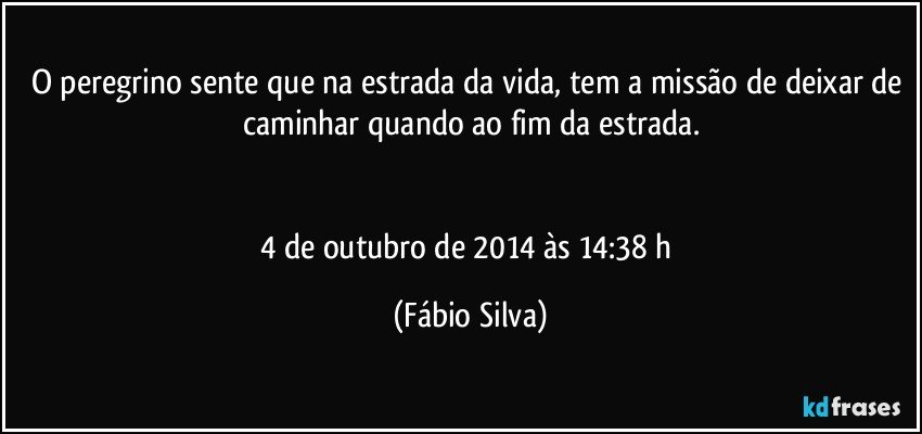 O peregrino sente que na estrada da vida, tem a missão de deixar de caminhar quando ao fim da estrada.


4 de outubro de 2014 às 14:38 h (Fábio Silva)