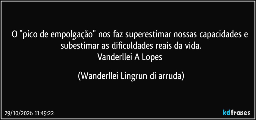O "pico de empolgação" nos faz superestimar nossas capacidades e subestimar as dificuldades reais da vida.
Vanderllei A Lopes (Wanderllei Lingrun di arruda)