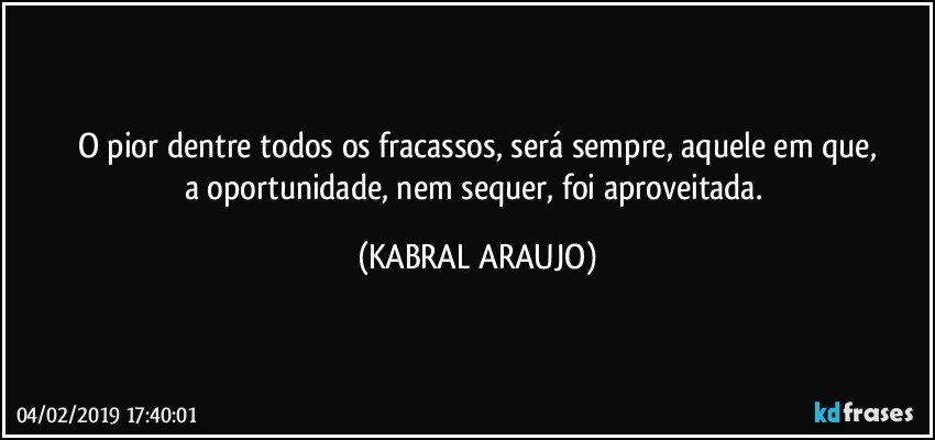 O pior dentre todos os fracassos, será sempre, aquele em que,
a oportunidade, nem sequer, foi aproveitada. (KABRAL ARAUJO)