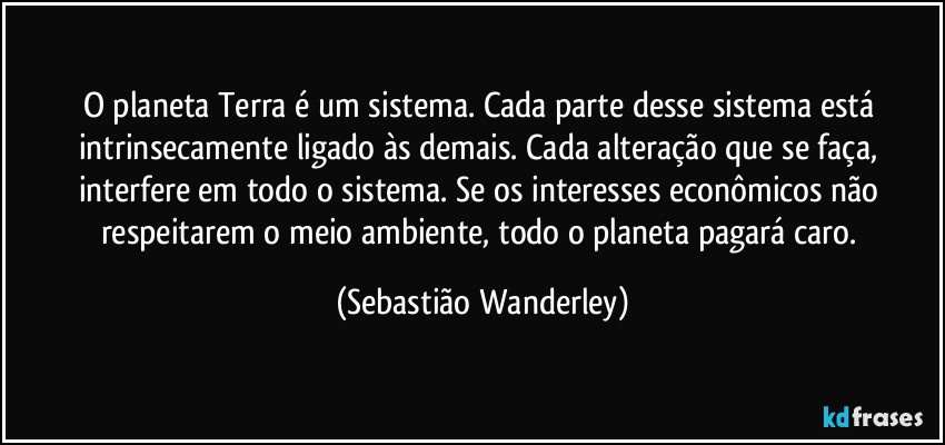 O planeta Terra é um sistema. Cada parte desse sistema está intrinsecamente ligado às demais. Cada alteração que se faça, interfere em todo o sistema. Se os interesses econômicos não respeitarem o meio ambiente, todo o planeta pagará caro. (Sebastião Wanderley)