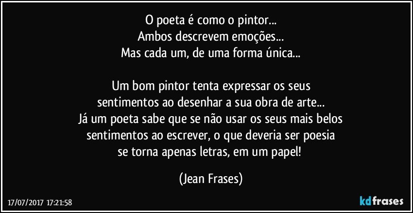 O poeta é como o pintor...
Ambos descrevem emoções...
Mas cada um, de uma forma única...

Um bom pintor tenta expressar os seus
sentimentos ao desenhar a sua obra de arte...
Já um poeta sabe que se não usar os seus mais belos
sentimentos ao escrever, o que deveria ser poesia
se torna apenas letras, em um papel! (Jean Frases)
