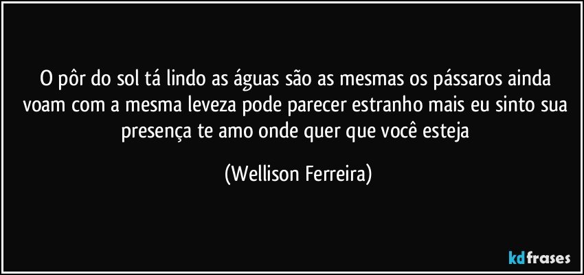 O pôr do sol tá lindo as águas são as mesmas os pássaros ainda voam com a mesma leveza pode parecer estranho mais eu sinto sua presença te amo onde quer que você esteja (Wellison Ferreira)