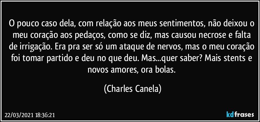 O pouco caso dela, com relação aos meus sentimentos, não deixou o meu coração aos pedaços, como se diz, mas causou necrose e falta de irrigação. Era pra ser só um ataque de nervos, mas o meu coração foi tomar partido e deu no que deu. Mas...quer saber? Mais stents e novos amores, ora bolas. (Charles Canela)